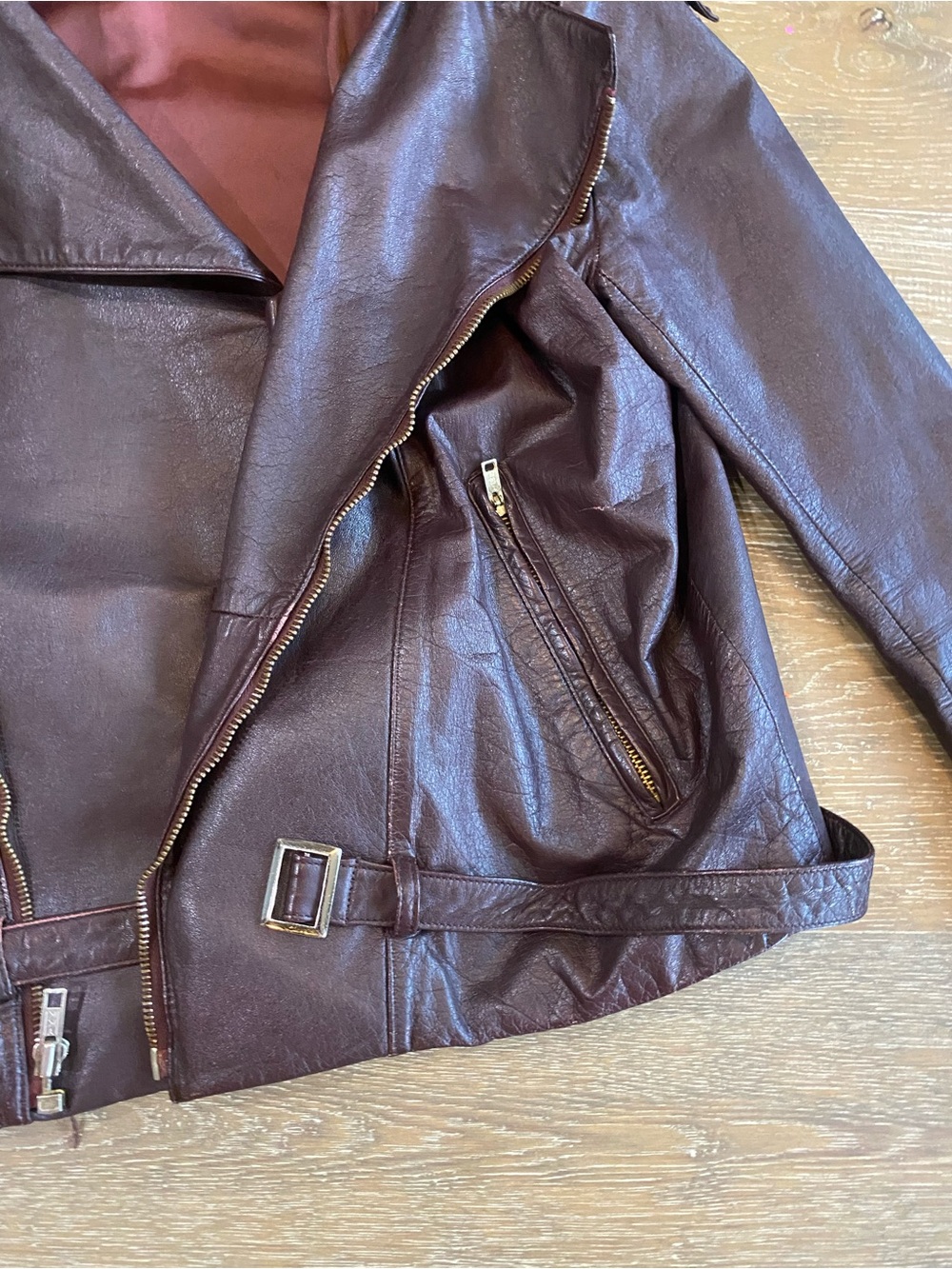 Banzai 80s Leather Motorcycle Belted Zip Up Jacket Maroon Brown Draped Waterfall - Picture 6 of 9